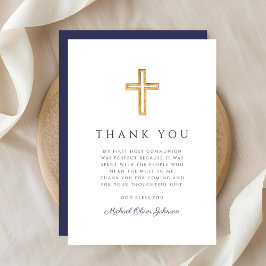 Elegante Marine Blauw Religieus Kruis Eerste Commu Bedankkaart