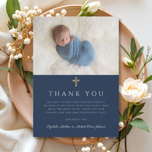 Elegante Marine Blauw Religieuze Jongen Foto Bedankkaart