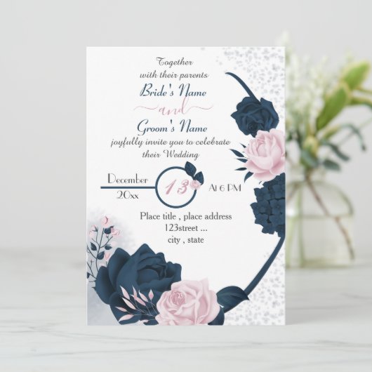 Elegante marine blauw & roze bloemen bruiloft kaart (Staand voorkant)
