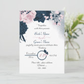 Elegante marine blauw & roze bloemen bruiloft uitn kaart (Staand voorkant)