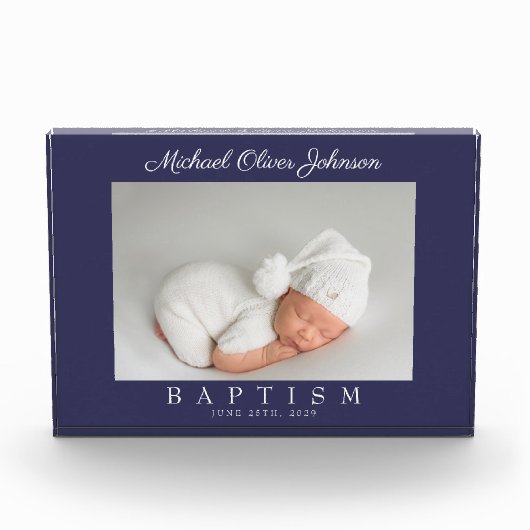 Elegante Marine Blauw Script Dopen Fotoblok (Voorkant)