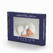 Elegante Marine Blauw Script Dopen Fotoblok (Rechts)