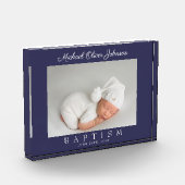 Elegante Marine Blauw Script Dopen Fotoblok (Links)