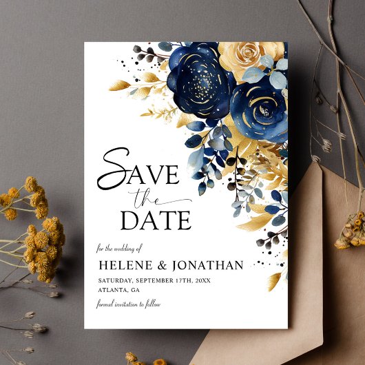 Elegante Marine Blauw Terracotta Gouden Bloemen Hu Save The Date