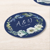 Elegante Marine Blauw Wit Bloemen Monogram Huwelij Ronde Kartonnen Onderzetter (Gebogen)