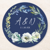 Elegante Marine Blauw Wit Bloemen Monogram Huwelij Ronde Kartonnen Onderzetter (Voorkant)