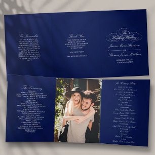 Elegante Marine Blauw & Wit bruiloft Drieluik Programma