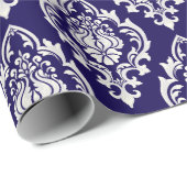 Elegante Marine Blauw Wit Damast Patroon Luxe Cadeaupapier (Rol Hoek)