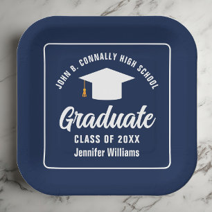 Elegante Marine Blauw Wit Graduation Party Square Papieren Bordje