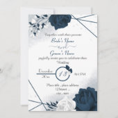 Elegante marine blauw & witte bloemen bruiloft uit kaart (Voorkant)