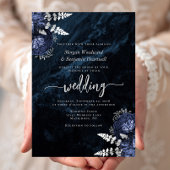 Elegante Marine Blauw Zilveren Bloemen Huwelijk Kaart