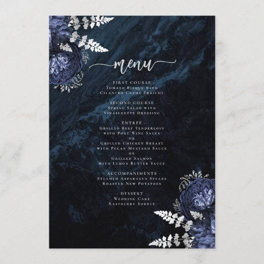 Elegante Marine Blauw Zilveren Bloemen Huwelijk Menu (Voorkant)
