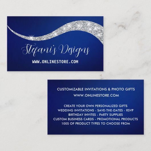 Elegante Marine blauw zilveren faux glitter Online Visitekaartje (Voorkant / Achterkant)