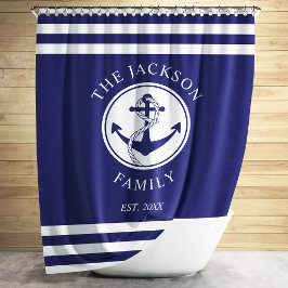 Elegante marine blauwe anker familienaam douchegordijn