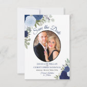Elegante Marine Blauwe Bloemen Boho Chic Trouwfoto Save The Date (Voorkant)