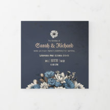 Elegante Marine Blauwe Bloemen Foto & RSVP Huwelij