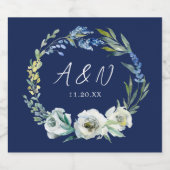 Elegante Marine Blauwe Bloemen Huwelijk Monogram Sparkling Wijnetiket (Enkel label)