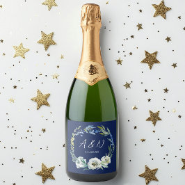 Elegante Marine Blauwe Bloemen Huwelijk Monogram Sparkling Wijnetiket
