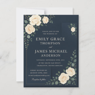Elegante Marine Blauwe Bloemen Huwelijksuitnodigin Briefkaart