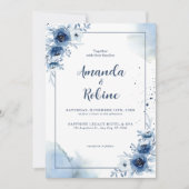 Elegante Marine Blauwe Bloemen Huwelijksuitnodigin Kaart (Voorkant)