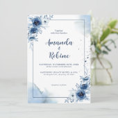 Elegante Marine Blauwe Bloemen Huwelijksuitnodigin Kaart (Staand voorkant)