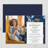 Elegante Marine Blauwe Bloemen Pensioen Party Foto Kaart (Voorkant / Achterkant)