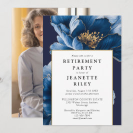 Elegante Marine Blauwe Bloemen Pensioen Party Foto Kaart