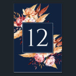 Elegante Marine Blauwe Boho Bloemen Huwelijk Kaart<br><div class="desc">Creëer uw eigen gepersonaliseerde trouwtafel nummerkaart met elegant bloemontwerp. Beschikt over minimalistische chique typografie en boho chique herfst bloemige waterverf dahlia bloemen en herfst botanische bladeren.</div>