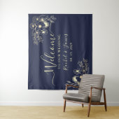 Elegante marine blauwe bruiloft welkom achtergrond wandkleed (In situ)