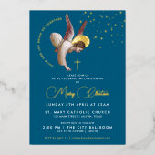 Elegante Marine Blauwe Engel Kruis Religieuze Doop Folie Uitnodiging (Voorkant)