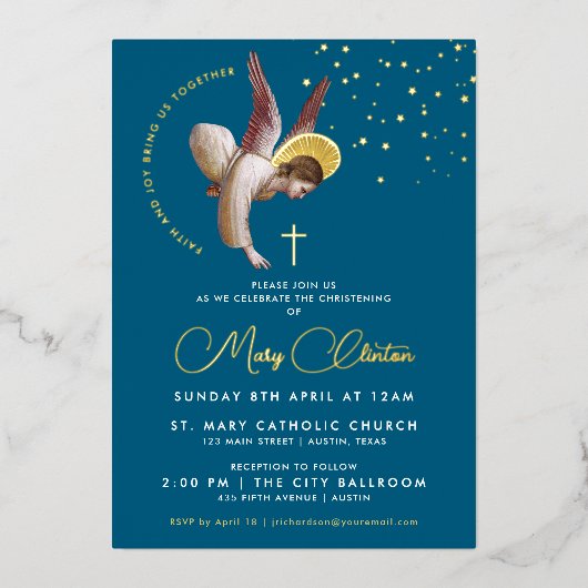 Elegante Marine Blauwe Engel Kruis Religieuze Doop Folie Uitnodiging (Voorkant)
