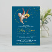 Elegante Marine Blauwe Engel Kruis Religieuze Doop Folie Uitnodiging (Staand Voorkant)