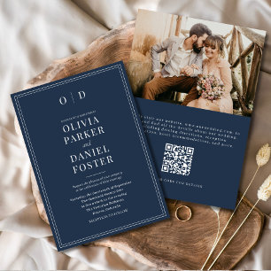 Elegante Marine Blauwe Foto QR Code Huwelijk Kaart