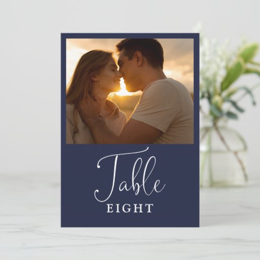 Elegante Marine Blauwe Fototafel Nummer Kaart (Staand voorkant)