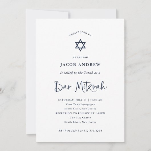 Elegante marine blauwe kalligrafie | Bar Mitzvah Kaart (Voorkant)