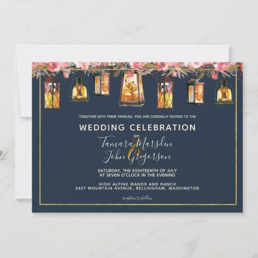 Elegante Marine Blauwe Koraal Bloemen Fotobruiloft Kaart (Voorkant)