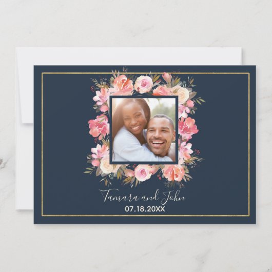 Elegante Marine Blauwe Koraal Bloemen Fotobruiloft Kaart (Achterkant)