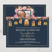 Elegante Marine Blauwe Koraal Bloemen Fotobruiloft Kaart (Voorkant / Achterkant)