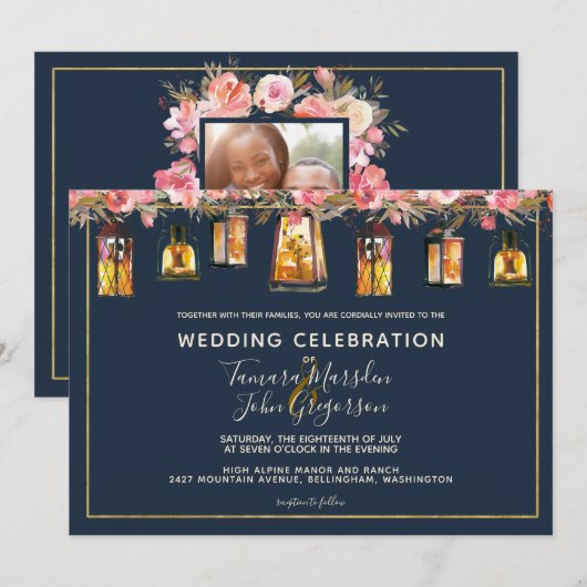 Elegante Marine Blauwe Koraal Bloemen Fotobruiloft Kaart (Voorkant / Achterkant)