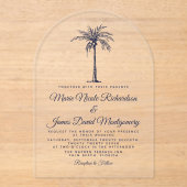 Elegante Marine Blauwe Palm Formele Strand Wedding Acryl Uitnodigingen (Voorkant)