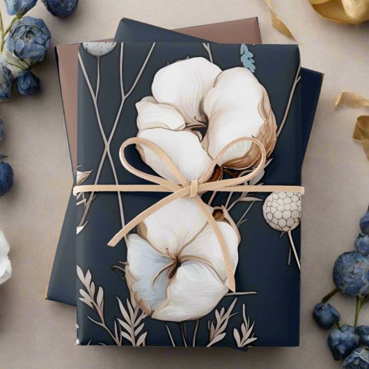 Elegante Marine Blauwe Patroon Bloemen Inpakpapier Vel