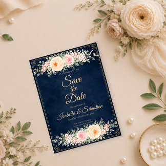 Elegante marine bloemige bruiloft save the date