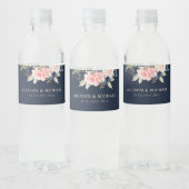 Elegante marine & blozen bloemenbruiloft waterfles etiket (Flessen)