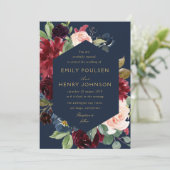 elegante marine bordeaux bloeit bruiloft kaart (Staand voorkant)