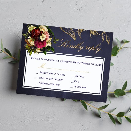Elegante marine bordeaux gouden script bloemenbrui RSVP kaartje