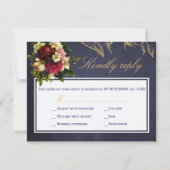 Elegante marine bordeaux gouden script bloemenbrui RSVP kaartje (Voorkant)