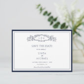 Elegante marine botanische kam monogram bruiloft save the date (Staand voorkant)