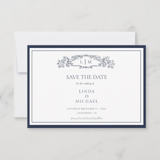 Elegante marine botanische kam monogram bruiloft save the date (Voorkant)