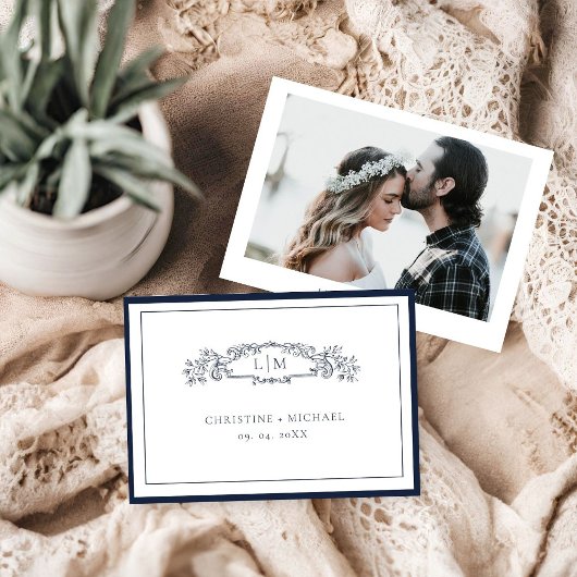 Elegante marine botanische kam monogram bruiloft save the date