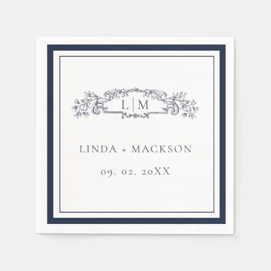 Elegante marine botanische kam monogram bruiloft servet (Voorkant)